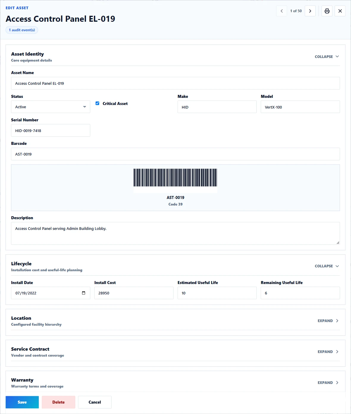 CMMSAI Asset detail showing equipment identity, barcode, status, and lifecycle fields