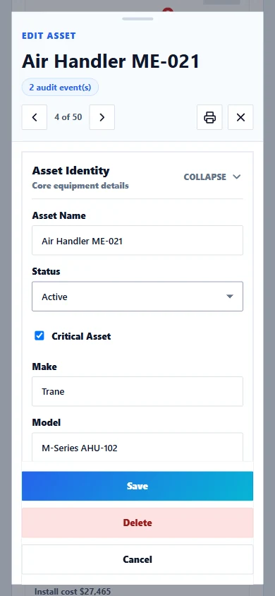 CMMSAI phone Asset detail with equipment identity, status, make, and model