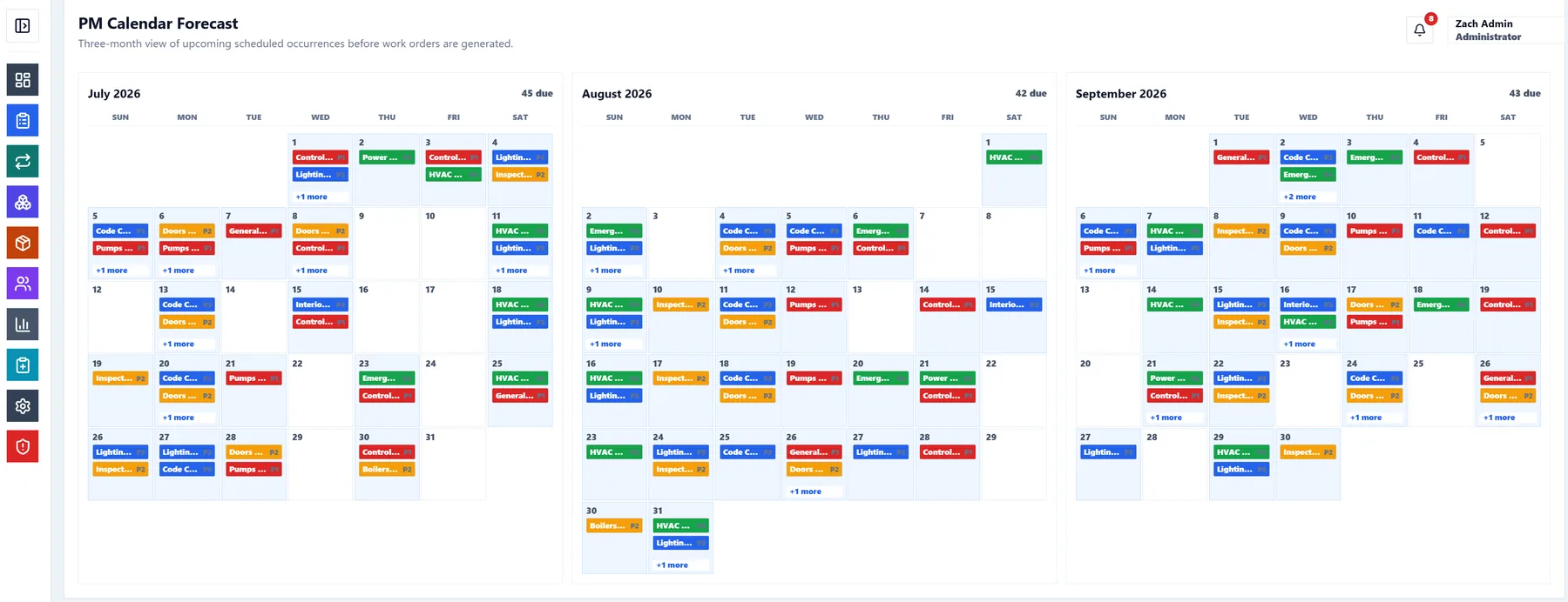 CMMSAI preventive maintenance calendar showing scheduled maintenance activity