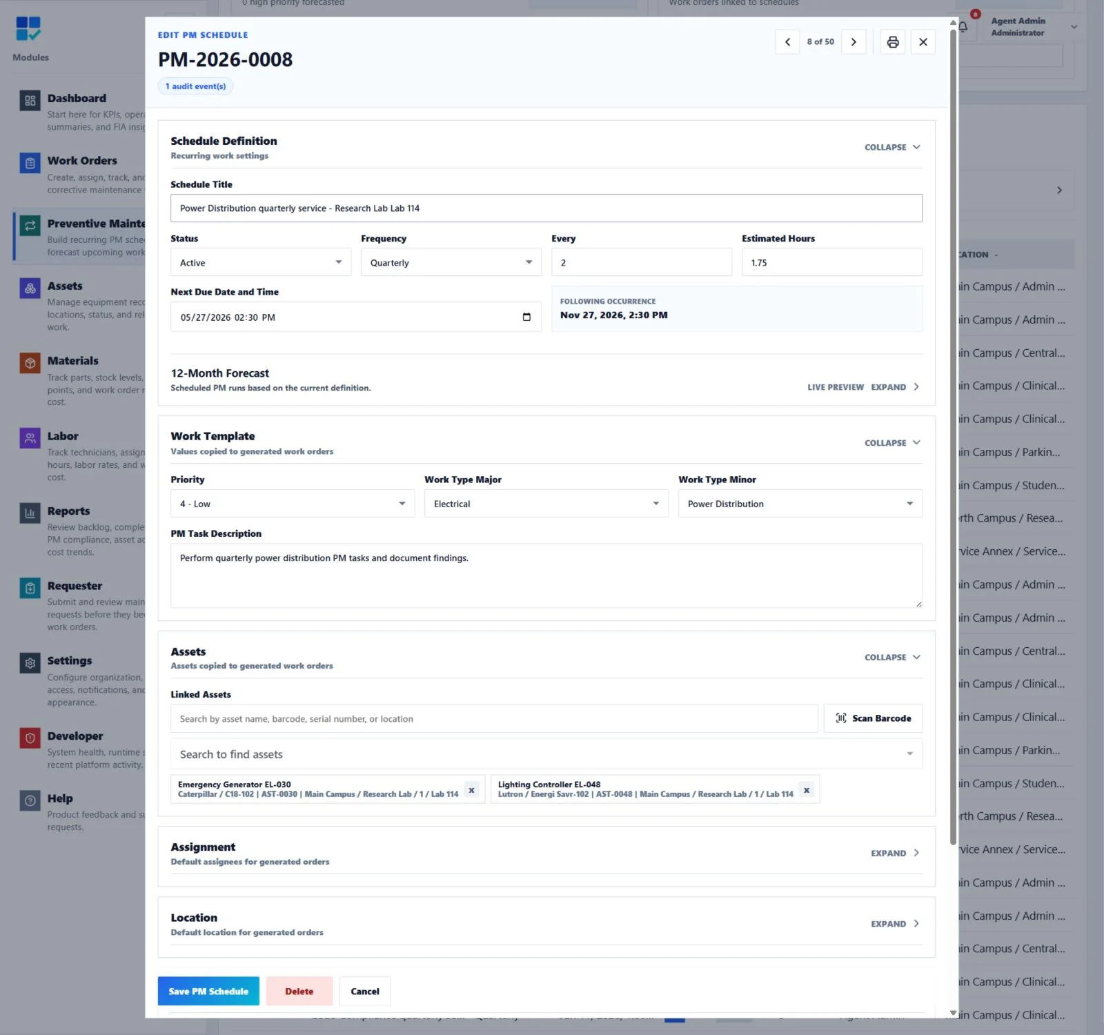 CMMSAI PM Schedule detail showing recurrence, work template, and linked electrical assets