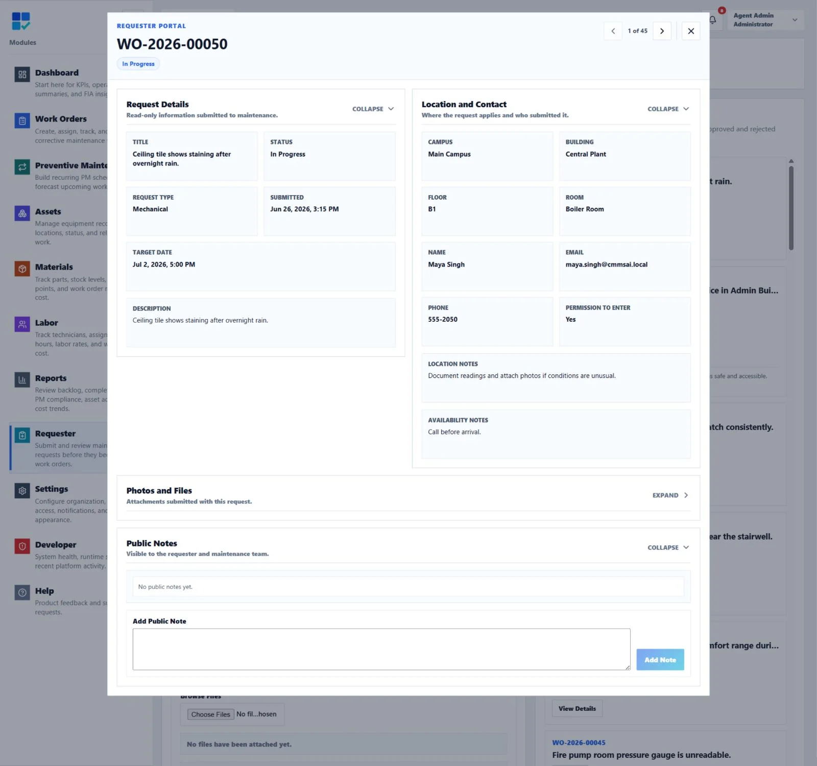 CMMSAI Requester Portal showing an approved maintenance request as an in-progress Work Order