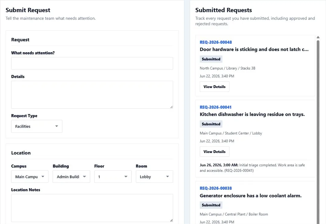 CMMSAI requester portal for submitting and tracking maintenance requests