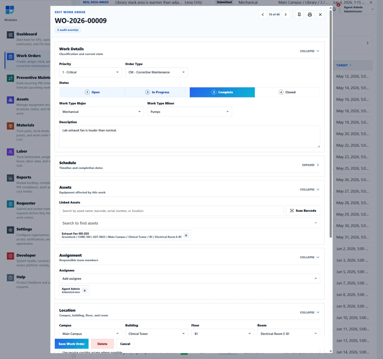CMMSAI Work Order detail showing priority, status, linked equipment, assignment, and location