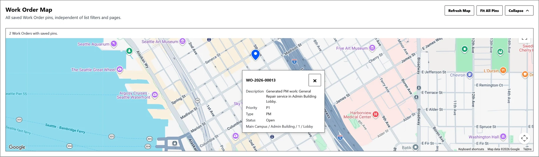 CMMSAI Work Order Map with saved pins and a preview of description, priority, type, status, and location