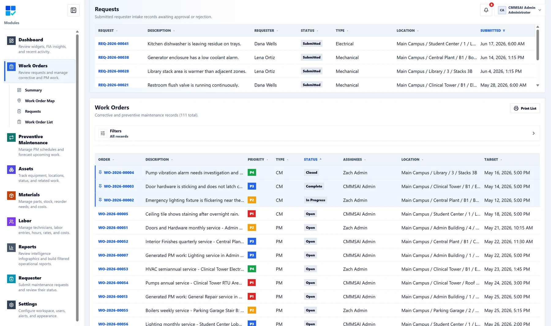 CMMSAI Work Orders list view in Facility Blue