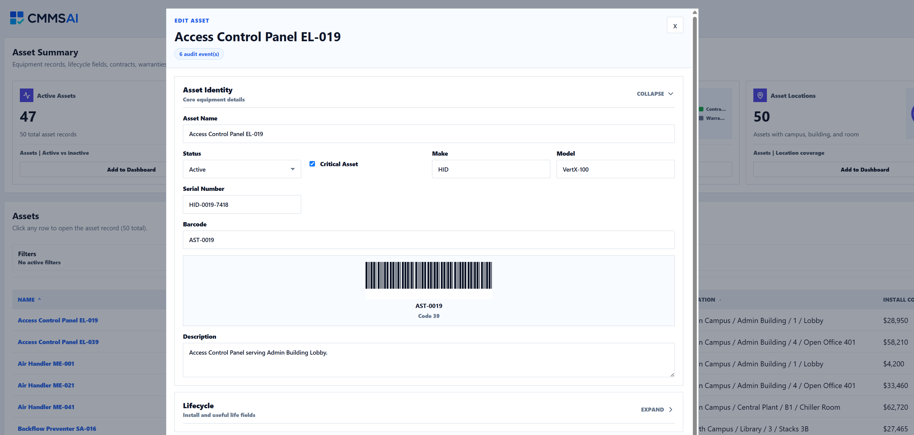 CMMSAI Asset detail showing equipment identity, status, location, cost, and maintenance context